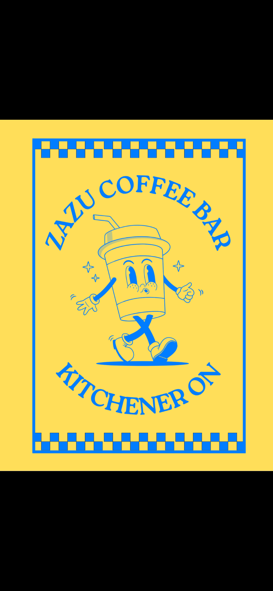 Zazu Coffee Bar mascot — a walking coffee cup with sunglasses-style eyes